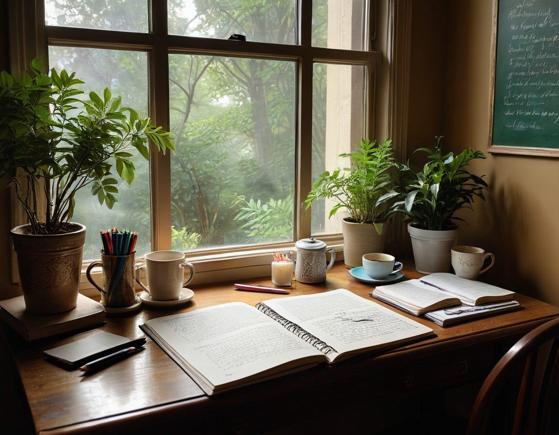 A cozy scene of a writer’s desk adorned with notebooks, colorful pens, and a steaming cup of coffee, surrounded by inspirational quotes on the wall. A window with soft sunlight streaming in, illuminating the space filled with plants, artistic decor, and books stacked with care. A vibrant and inviting atmosphere that reflects the joy of creative writing and the transition from hobby to passion. super-realistic. warm tones. soft lighting.