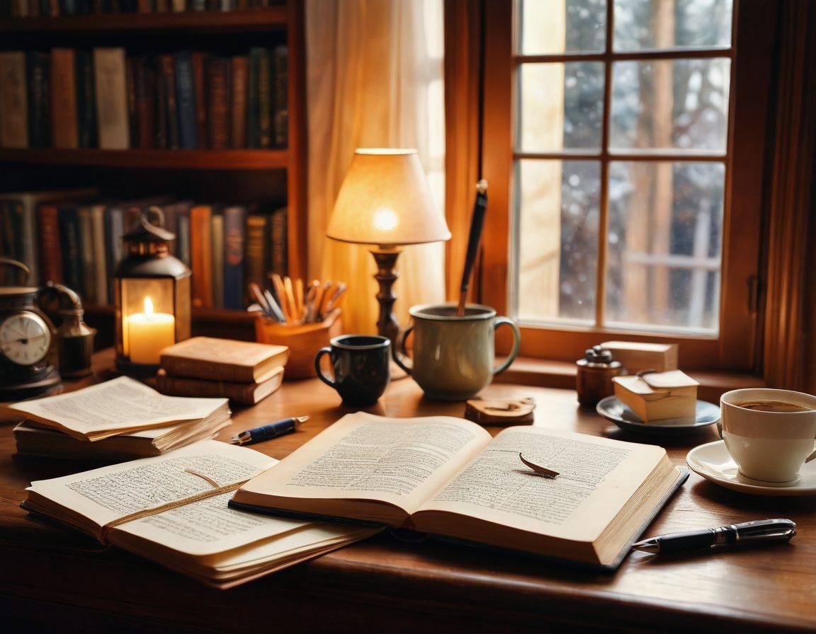 A cozy workspace featuring an open notebook with handwritten notes and a steaming cup of coffee beside it. In the background, a bookshelf filled with classic novels and a framed photo of a writer's inspiration. Soft, warm lighting to evoke creativity and comfort. A subtle overlay of whimsical storytelling elements like fairy tales and quills, emphasizing imagination. watercolor painting. warm tones. inviting atmosphere.
