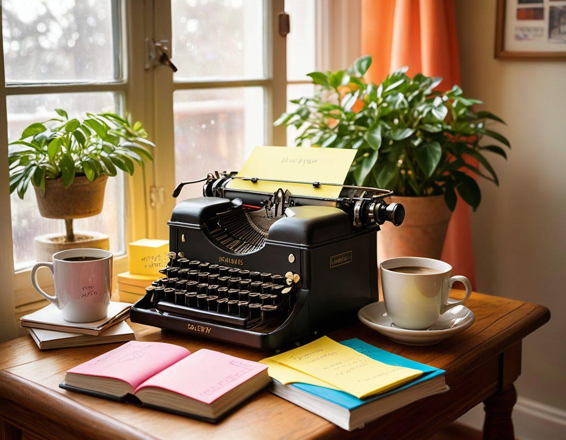 A cozy writing nook featuring a vintage typewriter and an open notebook filled with handwritten notes. A steaming cup of coffee sits beside it, surrounded by colorful sticky notes and a potted plant for inspiration. Sunlight streams through a nearby window, casting warm shadows and creating a welcoming atmosphere for amateur writers. Whimsical elements like floating speech bubbles add a playful touch. vibrant colors. cozy ambiance. warm lighting.